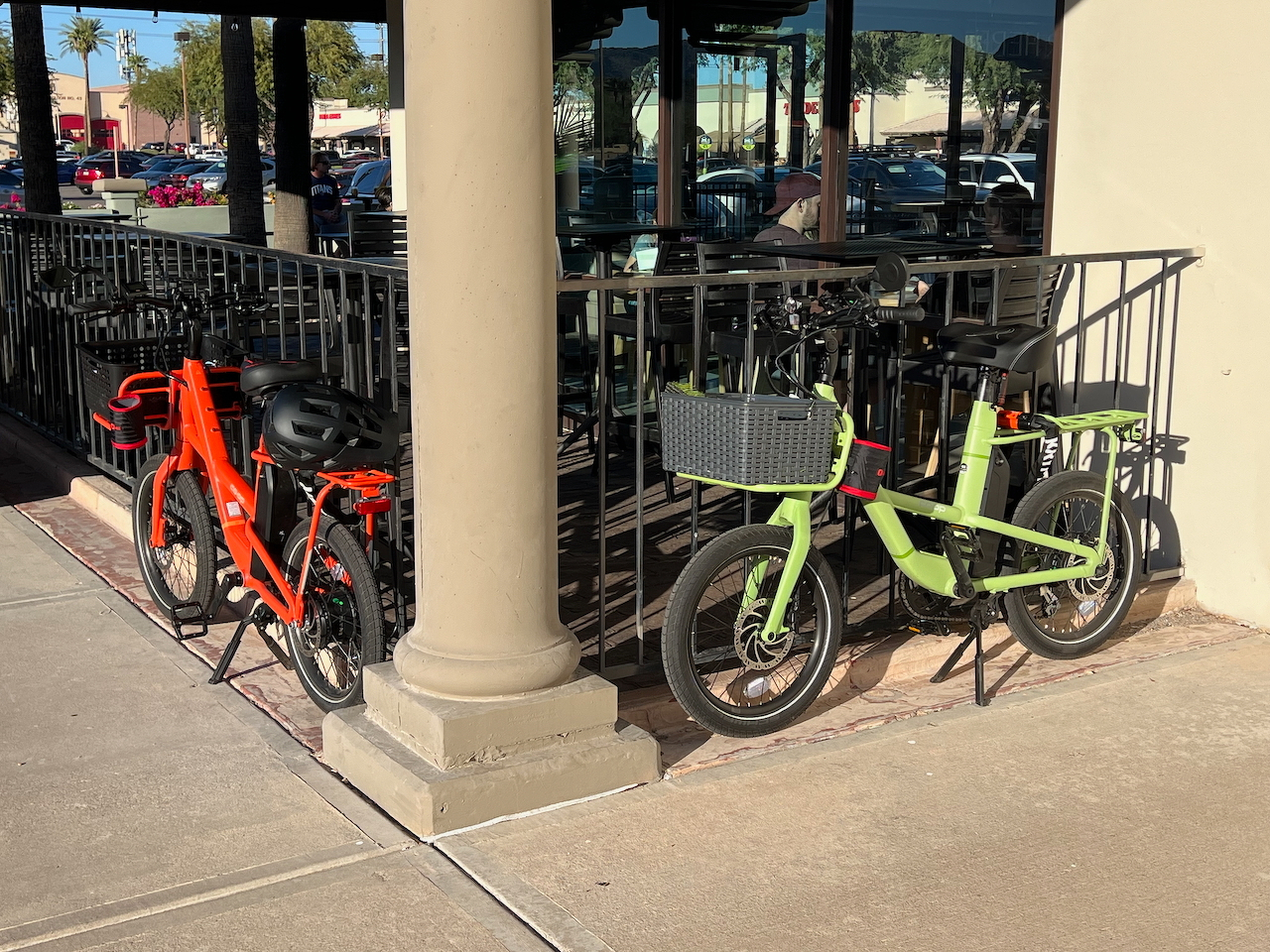 bikes parked outside of a restaurant