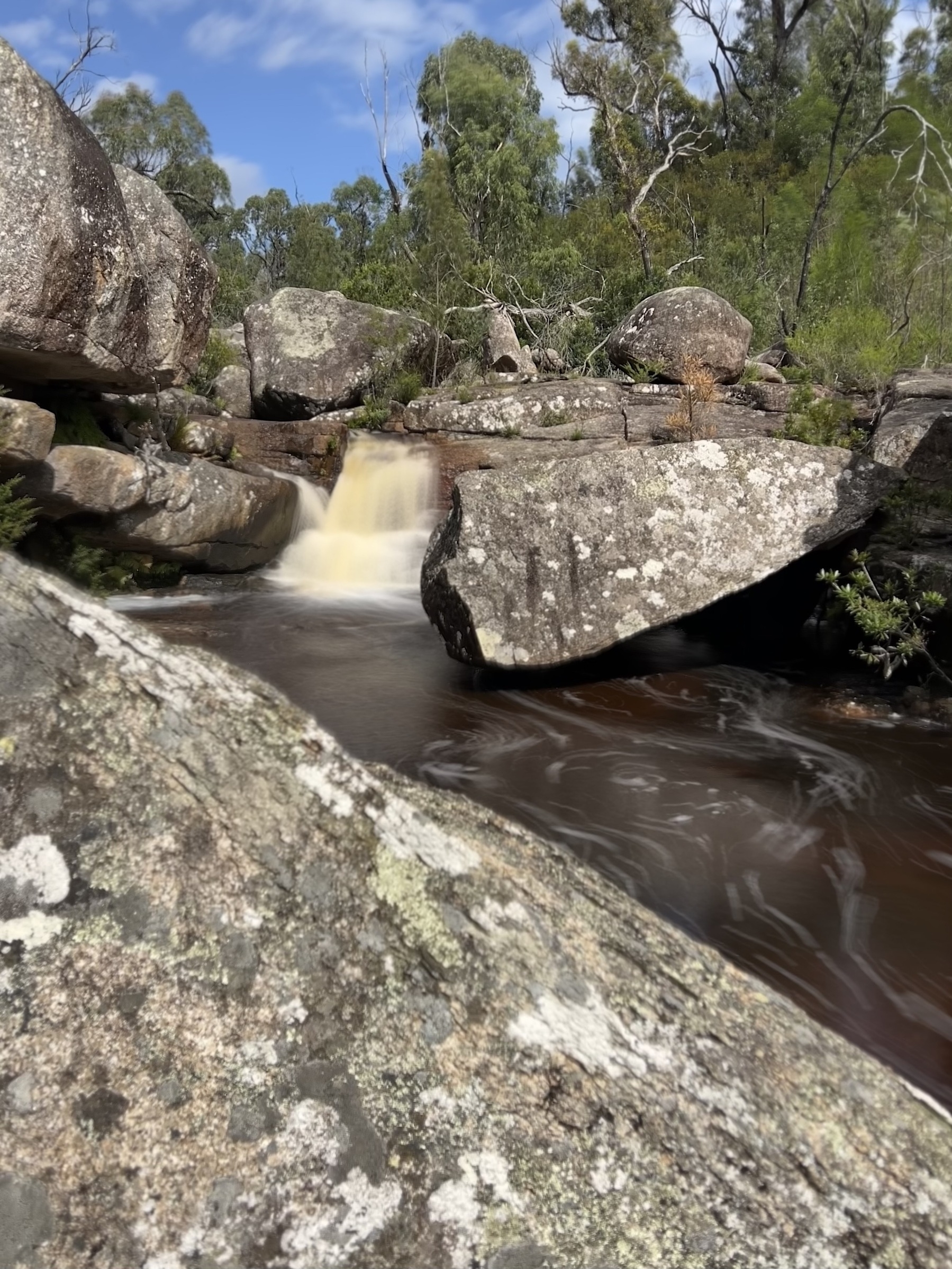 Auto-generated description: A small waterfall flows between large, rugged boulders surrounded by lush greenery and a blue sky.